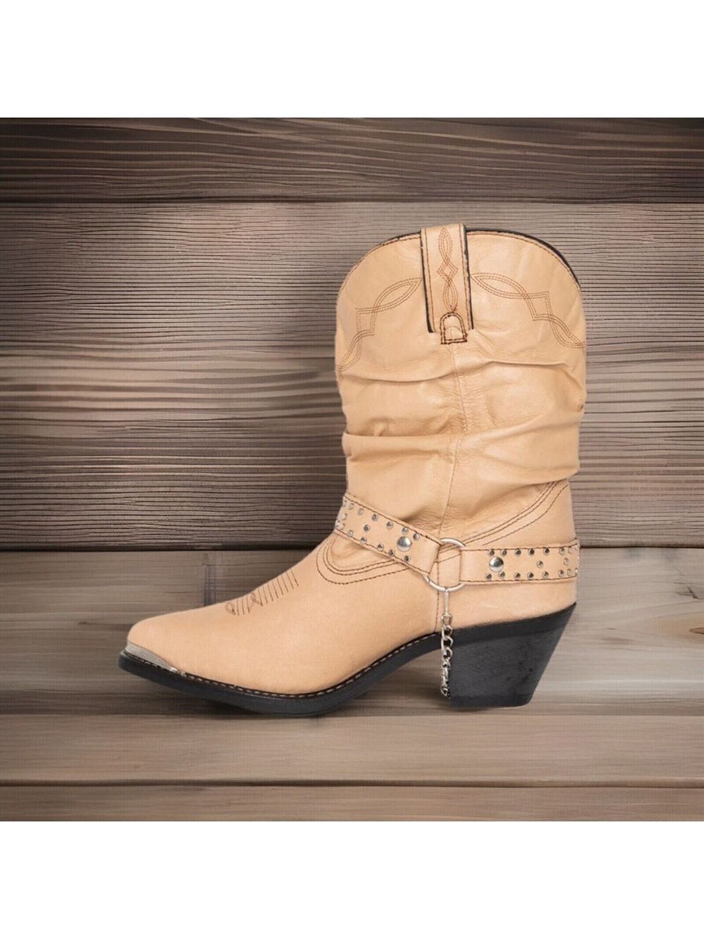 Ladies Shyanne Tan Leather Harness Slouchy Almond Toe Western Boots Size 11